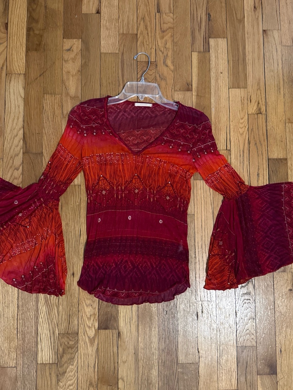 Y2K vintage Forever 21 Red and Orange Beaded Boho Bell Sleeve Top